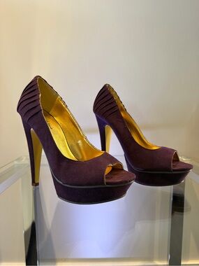 Michael Antonio Plum Suede Peep-Toe Platform Heels